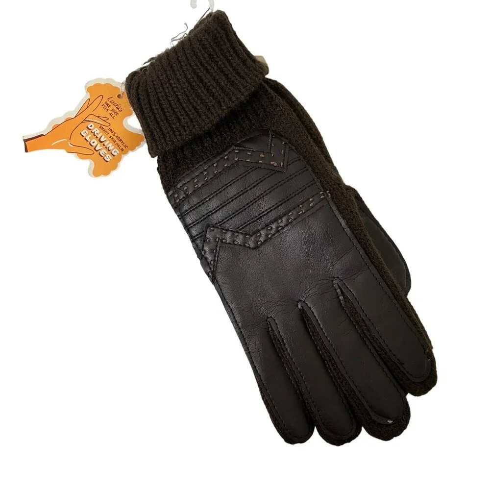 VTG Sears Ladies Driving Gloves Brown Knit & Vinyl Deadstock